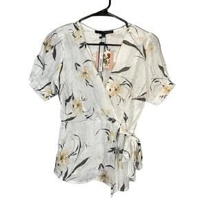 Harve Benard White & Pink Floral Short Sleeve V-neck Wrap Blouse Women Sz S